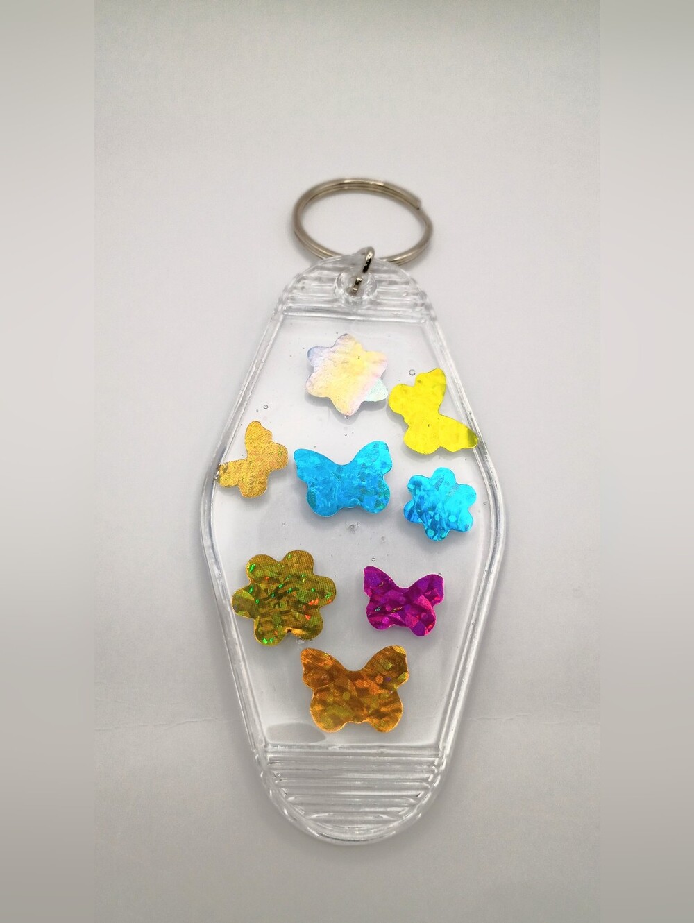 Clear Acrylic Keychain with Multicolor Butterfly & Flower Confetti